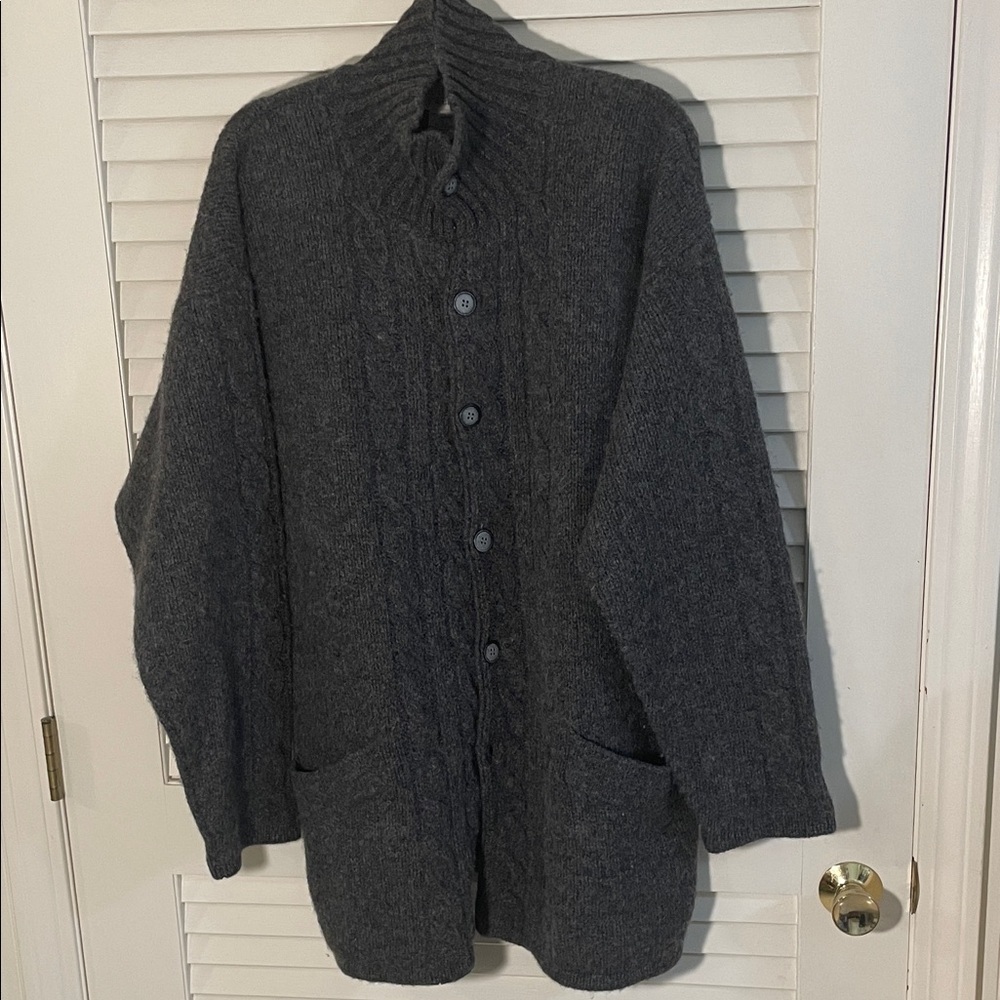 Heather Tweed Men's Dark Gray Wool Button-Up High Collar Pocketed Cardigan